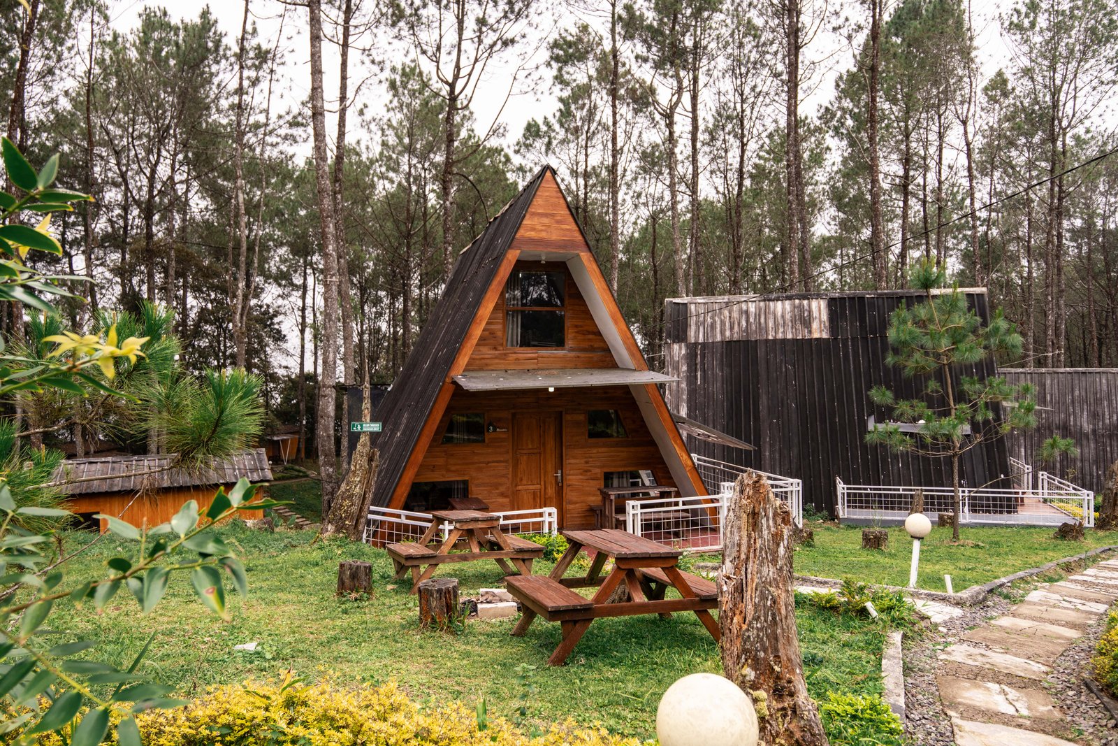 Interior Cedar Cabin dengan cahaya lampu hangat
